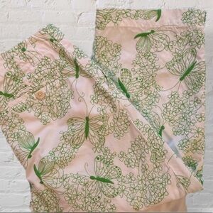 Lilly Pulitzer White Green Embroidery Straight Leg Cropped Pant 100% Cotton